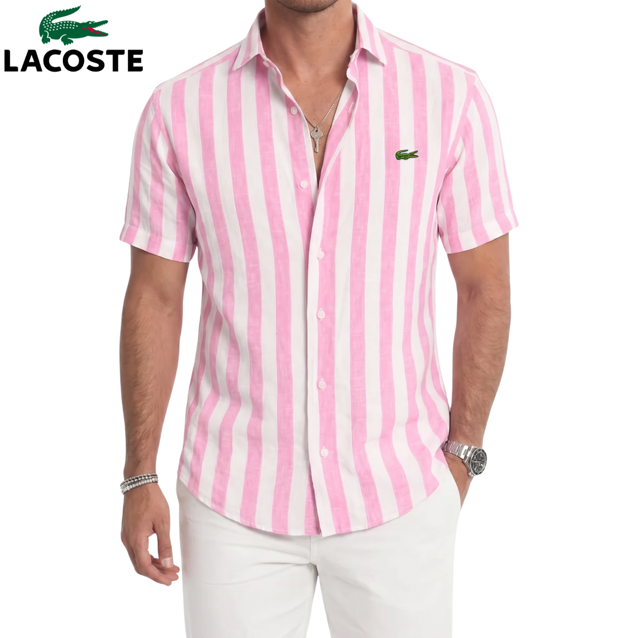LC-Chemise Lin Rayée Manches Courtes